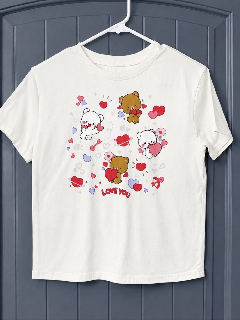 Milk Mocha Bear Girls Love You Graphic T-Shirt White Pink Hearts Size 6/7